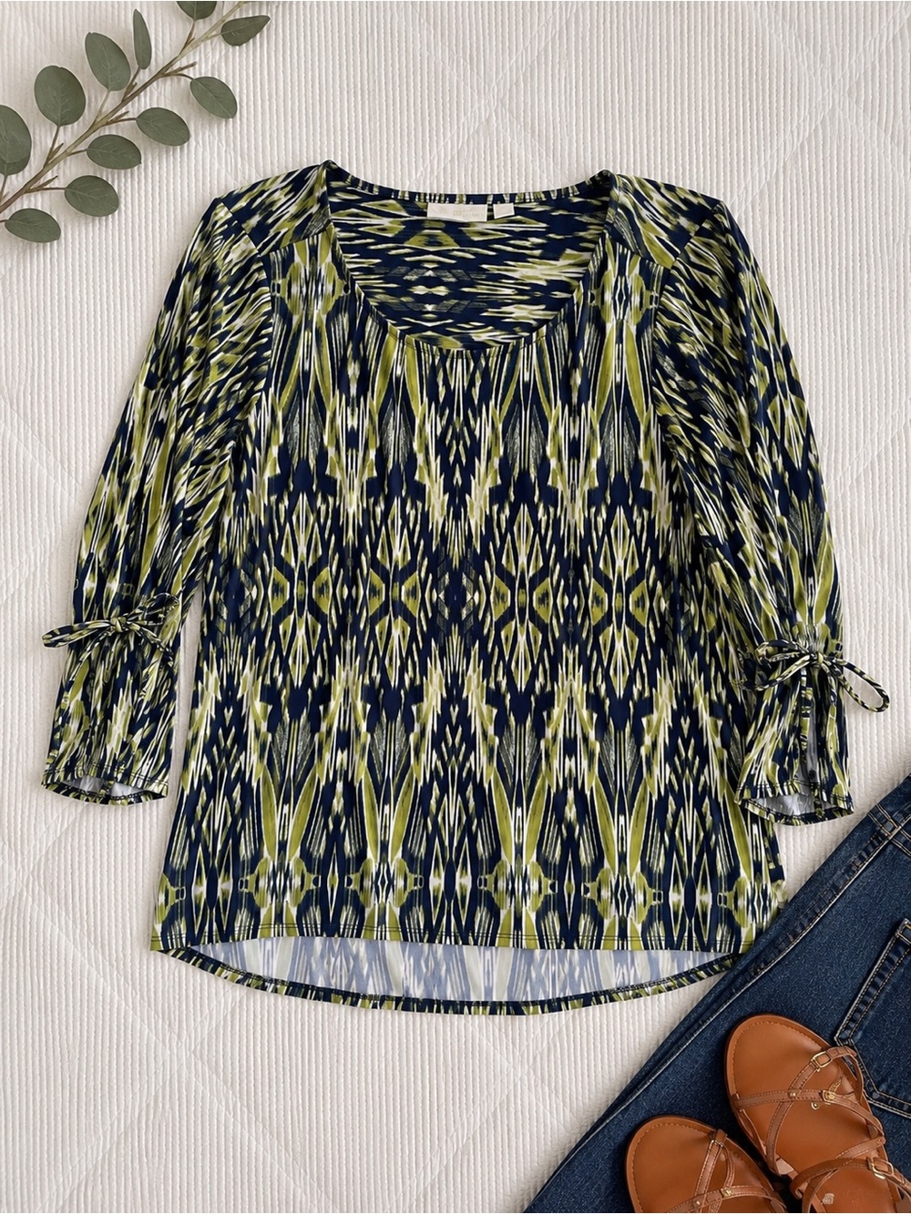 💚✨Belle by Kim Gravel M Abstract Print Hi-Low Tunic Tie Sleeve Blouse